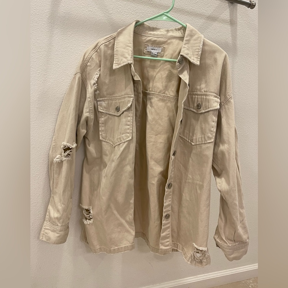 Cream Distressed Shacket
